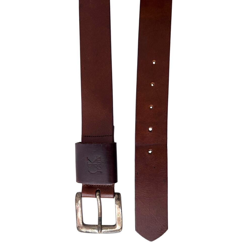 Y2K CK Jeans Genuine Brown Leather Belt Distressed Buckle Classic Casual Mens 30
